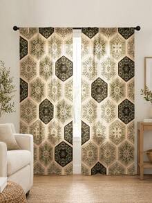 2PCS, Bohemian Hexagonal Floral Curtains, Vintage Mandala Tile Pattern Window Fabric, Pastoral Bohemian Style Living Room Bedroom Kitchen Decor - Multicolor - View 1