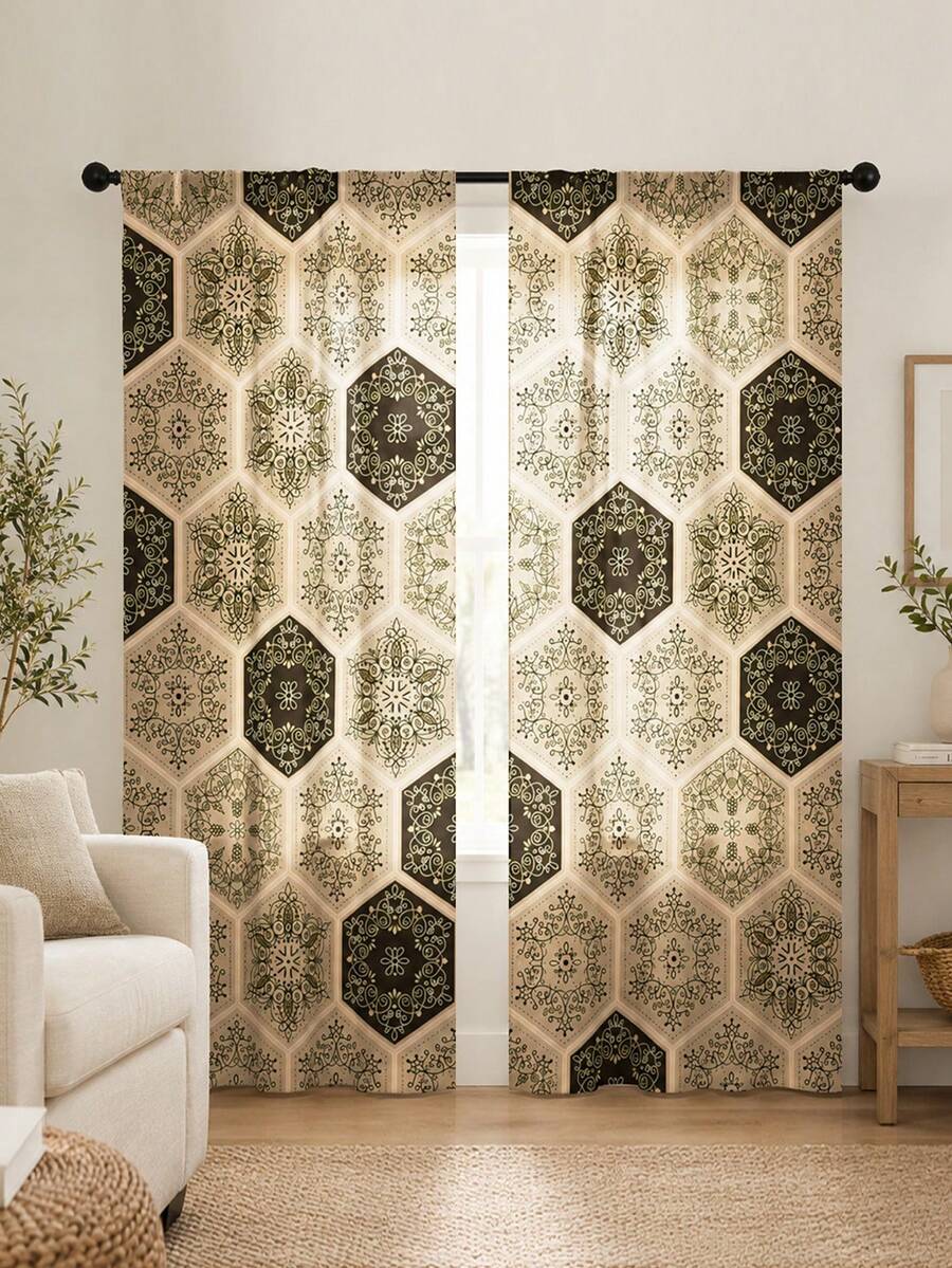 2PCS, Bohemian Hexagonal Floral Curtains, Vintage Mandala Tile Pattern Window Fabric, Pastoral Bohemian Style Living Room Bedroom Kitchen Decor - Multicolor - View 1