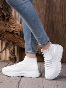 Women's Solid High‑Top Sock Sneakers, Knit Breathable Non‑Slip Chunky Sole Casual Shoes - White - View 4