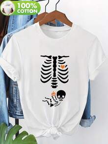 Women Skeleton Ribcage Pumpkin Print Casual Crew Neck Short Sleeve T-Shirt - White - View 2