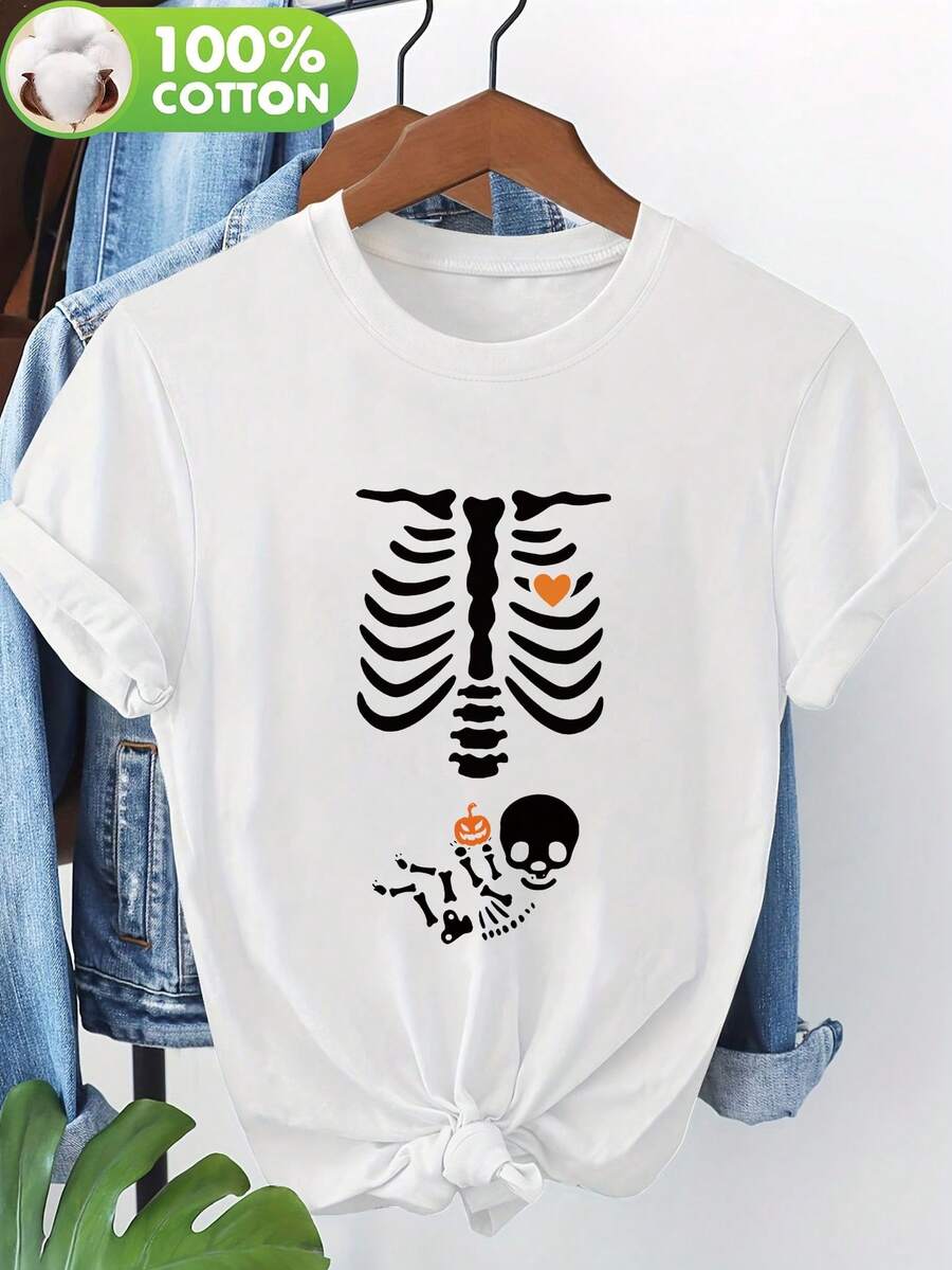 Women Skeleton Ribcage Pumpkin Print Casual Crew Neck Short Sleeve T-Shirt - White - View 1
