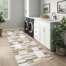 Modern Home Decor Patchwork Living Room Area Rug Stain Resistant Non Slip Hallway Runner Rug Printed Thin Low Pile Mat Throw Rug Washable Bordered Carpet Easy To Clean Soft Non Shedding Floorcover For Dinning Room Kitchen Laundry Bathroom Bedroom - 卡其色 - 查看 4