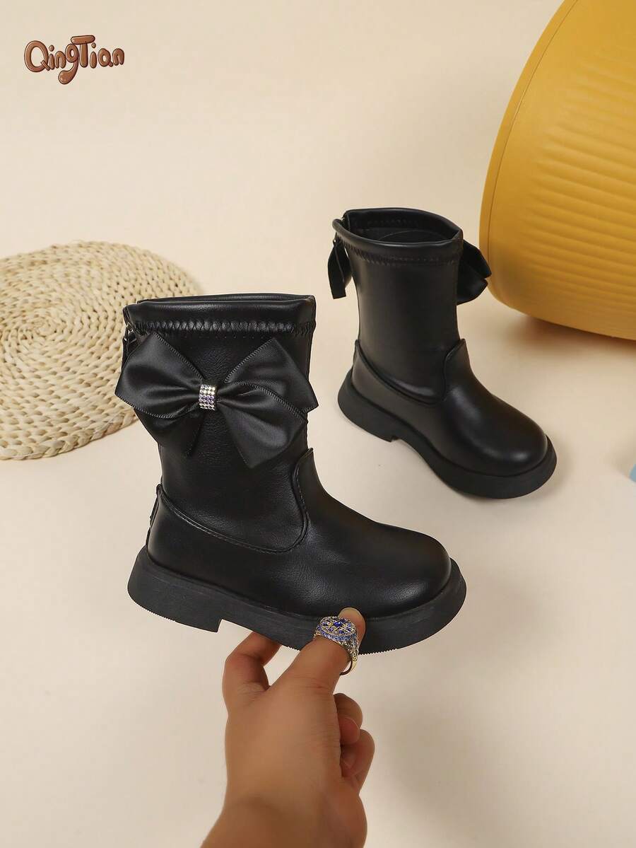 1 Pair Girls' Bow & Rhinestone Decor PU Leather Mid-Calf Boots, Round Toe Back Zipper Thick Flat Sole, Sweet Princess Style Girls' Short Boots, Suitable For Autumn/Winter Daily Wear And Holiday Party Occasions - Black - View 1