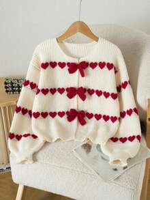 Soft Red & White Heart Jacquard Pullover Knit Sweater, Handmade Bow Tie Loose Lantern Sleeve Faux Cardigan Design Soft Fluffy Sweater Top - Apricot - View 1