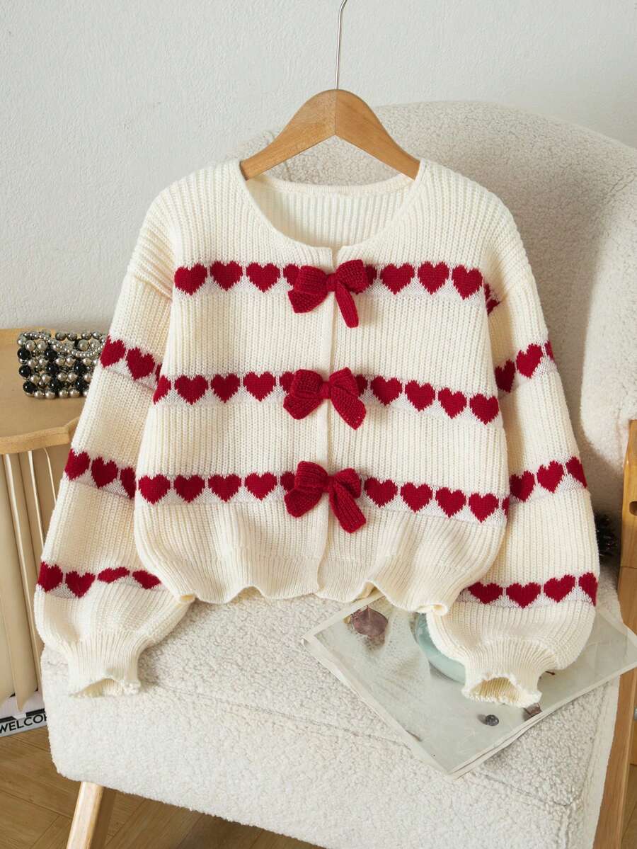 Soft Red & White Heart Jacquard Pullover Knit Sweater, Handmade Bow Tie Loose Lantern Sleeve Faux Cardigan Design Soft Fluffy Sweater Top - Apricot - View 1
