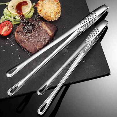 1 pieza de pinzas de acero inoxidable para alimentos, pinzas de barbacoa de mango largo antideslizantes, pinzas para filetes, accesorio de cocina (11 pulgadas)