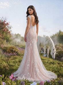 HEARBOBO Elegant Bohemian Deep V-Neck Cap Sleeve Backless Long Wedding Dress, Exquisite Embroidery Sequin Decor, Vintage Romantic Bridal Gown Fall - Apricot - View 11