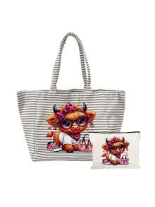 Casual Striped Tote Bag & Makeup Pouch,Funny Highland Cow Canvas Bag,Large Capacity Shopping Bag,Portable Zippered Storage Pouch,Vacation Handbag - Multicolor - View 14