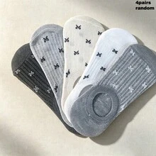 4雙女款輕量蝴蝶結船襪，舒適透氣防滑，白灰配色拼接，適合春夏穿著，女襪、女孩襪、隱形襪，薄款一次性襪子，適用居家與旅行使用 - 彩色 - 查看 8