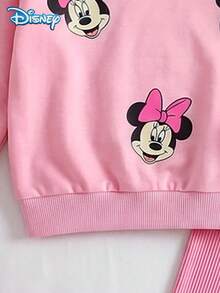 Disney Officially Licensed Baby Girls Sweatshirt Set, Spring/Autumn, Pink Color Block Sweet Cartoon Style, Round Neck All-Over Minnie Print Sweatshirt With Vertical Ribbed Slim Fit Long Pants, 2 Pieces Outfit For Toddlers Under 3 Years Old, Casual Daily Wear, Travel, Vacation, Party, Versatile - Baby Pink - View 5