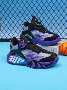 1 Pair PU Leather Kids' Sports Shoes, Boys' Basketball Shoes With Rotating Buckle, 2026 Spring New Style, Durable, Anti-Slip, Practical Athletic Shoes - Purple - View 5
