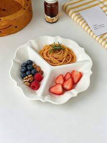 1pc European Style Petal Embossed Ceramic 3-Compartment Plate, Home Use Light Meal Portion Control Divided Plate, Western Pasta Fruit Nut Snack Dessert Dish - White - View 10