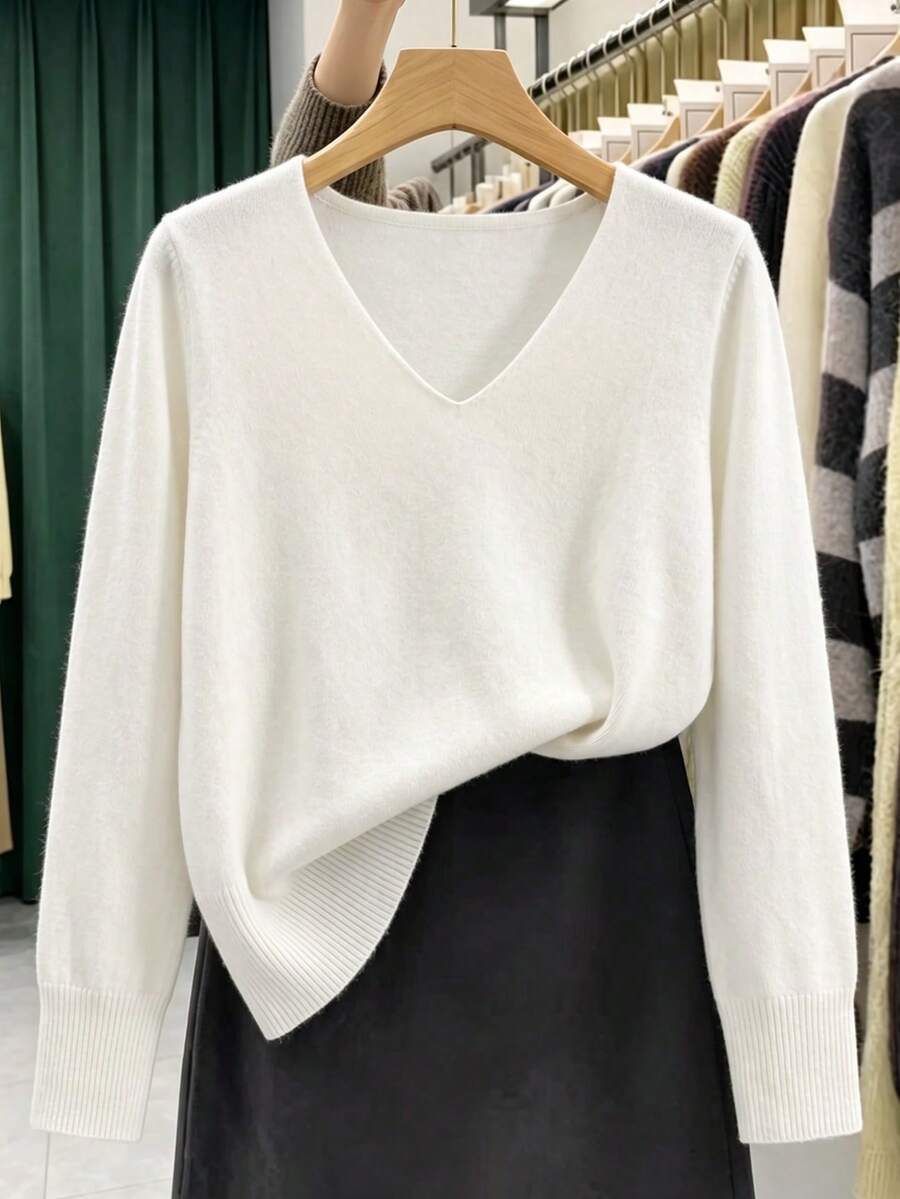 GIGOGOU 大尺碼 1XL-4XL 基本款春秋薄款女式黃色針織毛衣,柔軟舒適休閒套頭上衣外套,適合秋季 - 白色 - 查看 1