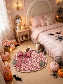 1pc Pink Bow Pink Leopard Print Pumpkin Shaped Rug, Halloween Style, Halloween, Outdoor Doormat, Kitchen Rug, Home Decor, Area Rug, Garden Rug, Washable Rug - Pink - View 3