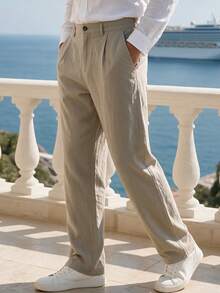 DAZY Men's Linen Casual Loose Fit Business Suit Pants, Straight Leg, Solid Color, Suitable For Spring And Autumn - Khaki - View 4