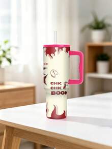 1pc/5pcs 40oz Red Flame CHK BOOM Letter Print Handle Travel Mug, Double-Wall Stainless Steel Large Capacity Cup, Street Style Pattern, Suitable For Office And Road Trips - Multi-color-flame - View 13