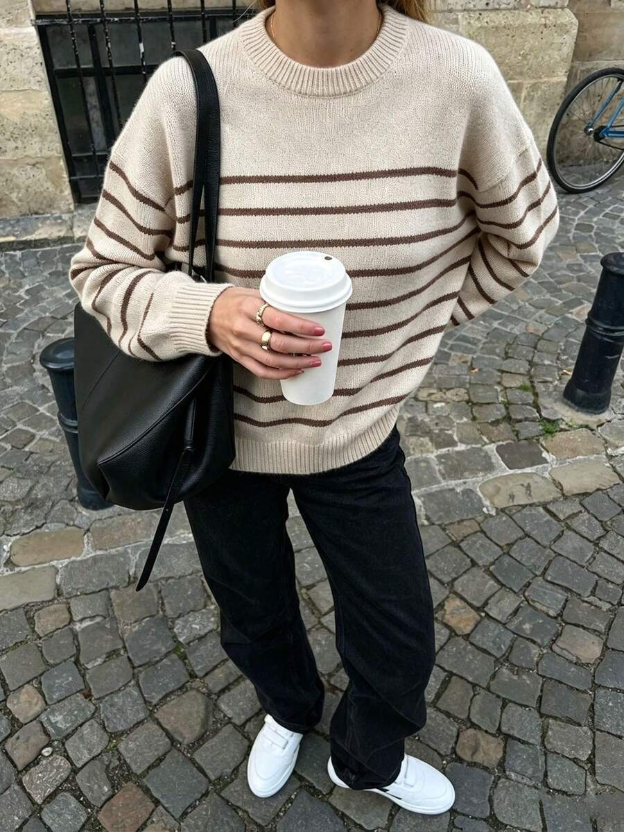 Women's Round Neck Striped Knit Sweater, Dropped Shoulder Long Sleeve Ribbed Hem, Soft Fabric, Autumn Casual Loose Oversized Pullover - Apricot - View 1
