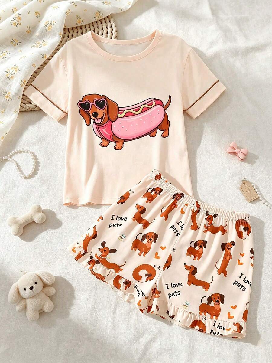 2pcs/Set Tween Girl Summer Casual Cool Cute Dachshund Cartoon Print Crew Neck Pullover Top And Ruffle Hem Shorts Pajama Set Flame Retardant All Season Girls Medium To Large - Apricot - View 1