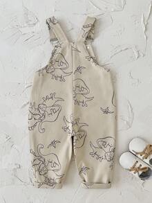Baby Boy Casual Overalls, Dinosaur World Pattern Embroidered All-Over Print, Adjustable Shoulder Straps Infant Long Pants - Khaki - View 8