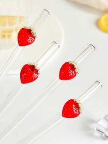 2/4pcs Red Cherry Shaped Glass Drinking Straws, Suitable For Water Cups, Reusable Curved Transparent Thickened Glass Straws Tableware Set, Kitchen Accessories, Straw Decorative Caps, Cold Drinks, Milk Tea, Coffee, Bar, Home, Restaurant, Holiday Supplies, Summer - View 5