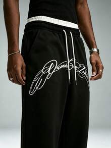 Streetwear Two-Tone Waist Script Letter Embroidery Wide Leg Loose Fit Sweatpants - Black - View 2