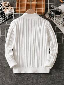 Boys' Preppy Solid Color Striped Stand Collar Sweater Long Sleeve Knit Pullover, Suitable For School Daily Casual Wear In Spring, Autumn, Winter - White - View 2