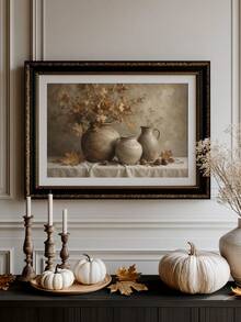 1pc Canvas Wall Art, Framed Wall Decor, Vintage Country Style Autumn Still Life Canvas Painting, Autumn Maple Leaves Ceramic Vase Acorns Pastoral Oil Painting Decor, Warm Earth Tone Comfortable Neutral Aesthetic Wall Decoration - Retro Art - View 9