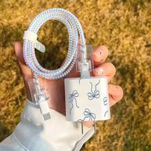 5pcs 2D Flat Design Minimalist Blue Bow Pattern Phone Charger Protection Set, Charger Head Cover + Cable Protector + Storage Rope + Data Cable Protector Spiral Wrap, Suitable For IPhone 20W/18W Charger - Multicolor - View 4