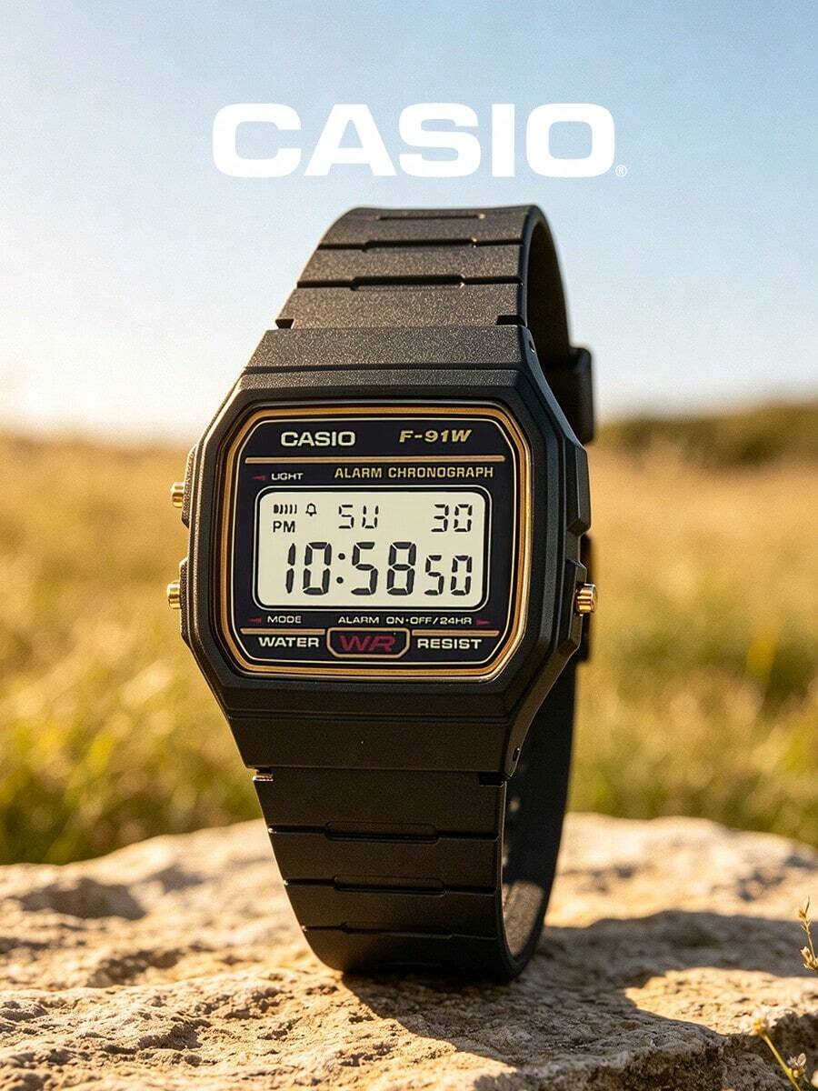 Casio 男士經典系列計時碼錶 霧面樹脂錶帶 鍍金錶框 電子螢幕 復古齒輪設計 適合日常雜務與休閒社區散步 - F-91W - 查看 1