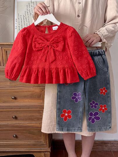 2pcs Baby Girl Floral Theme Set: 3D Bow Ruffle Hem Long Sleeve Casual Blouse Top + Colorful Print Denim Pants Outfit