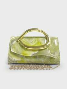 Women's Green Marble Pattern Evening Clutch, Rectangular Top Handle Bag, Gold D-Shaped Handle, Suitable For Weddings, Parties, Formal Occasions - Green - View 7