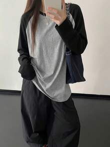 Women's Y2K Black/Grey & Black/White Contrast Minimalist Loose Versatile Home Daily Street Commute Raglan Sleeve Round Neck 2-Piece Top Set - Multicolor - View 3