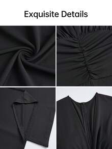 AIJ Autumn Elegant Black Knit Long Jumpsuit, Deep V-Neck Short Sleeve, Ruched Pleated Detail On Chest Summer - Fixed Black - View 3