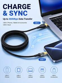Kabel Pengisian Cepat USB A ke USB C 120W, Kabel Pengisi Daya Tipe C dengan Transfer Data 480Mbps, Kabel Data USB-C Jalinan Nilon untuk Ponsel, Tablet, dan Power Bank - Hitam - View 3