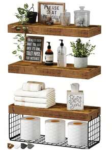 1 Set Over The Toilet Bathroom Storage Rack, Wall-Mounted Floating Shelf, Toilet Paper Holder, Farmhouse Style Decorative Shelf, 16 Inch, 3 Pieces, Brown - Multicolor - View 5