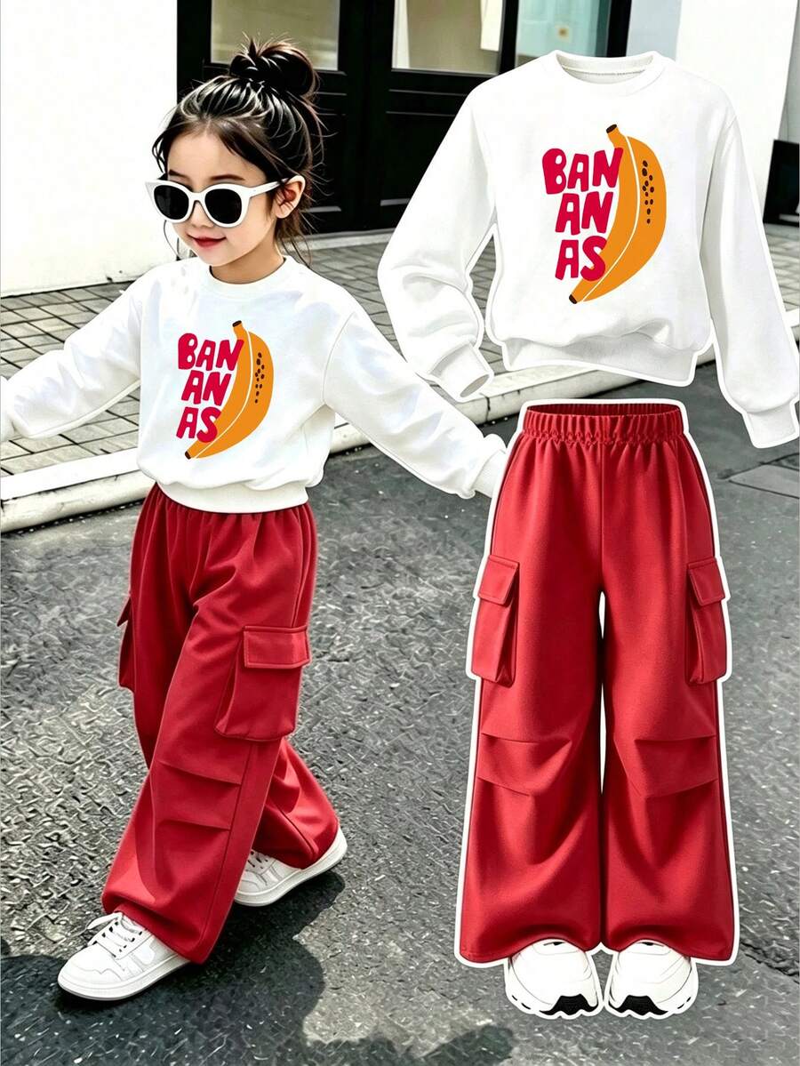 Young Girl Letter Print Warm Crew Neck Sweatshirt And Cargo Pants - White - View 1