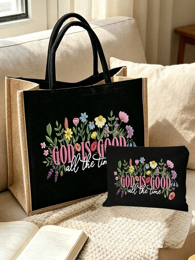 Linen Tote Bag Set, Featuring "GOD IS GOOD" 2D Print Large Shopping Tote And Matching Zippered Cosmetic Bag, Inspirational Bible Verse Floral Pattern, Spacious Large Tote Bag Suitable For Books, Groceries, And Daily Essentials; Zippered Bag Can Store Cosmetics, Pens, Keys, And Small Personal Items, Perfect For Church Events, Daily Shopping, School Commute, And Weekend Trips, Birthday And Housewarming Gifts For Women, Back To School Season, Teacher's Day Gifts - Multicolor - View 2