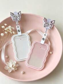 Cute Wavy Edge Card Holder With Rhinestone Butterfly Retractable Badge Clip, Portable ID/Student Card Holder, Cute Transparent Card Sleeve, Student Campus Bus Card And Small Card Protector, Celebrity Card, Bus Card, Meal Card, Subway Card, Photo, Residence Permit, Access Card, Valentine's Day Gift, Birthday Gift, Teacher's Day Gift, Back To School Gift - Multicolor - View 1