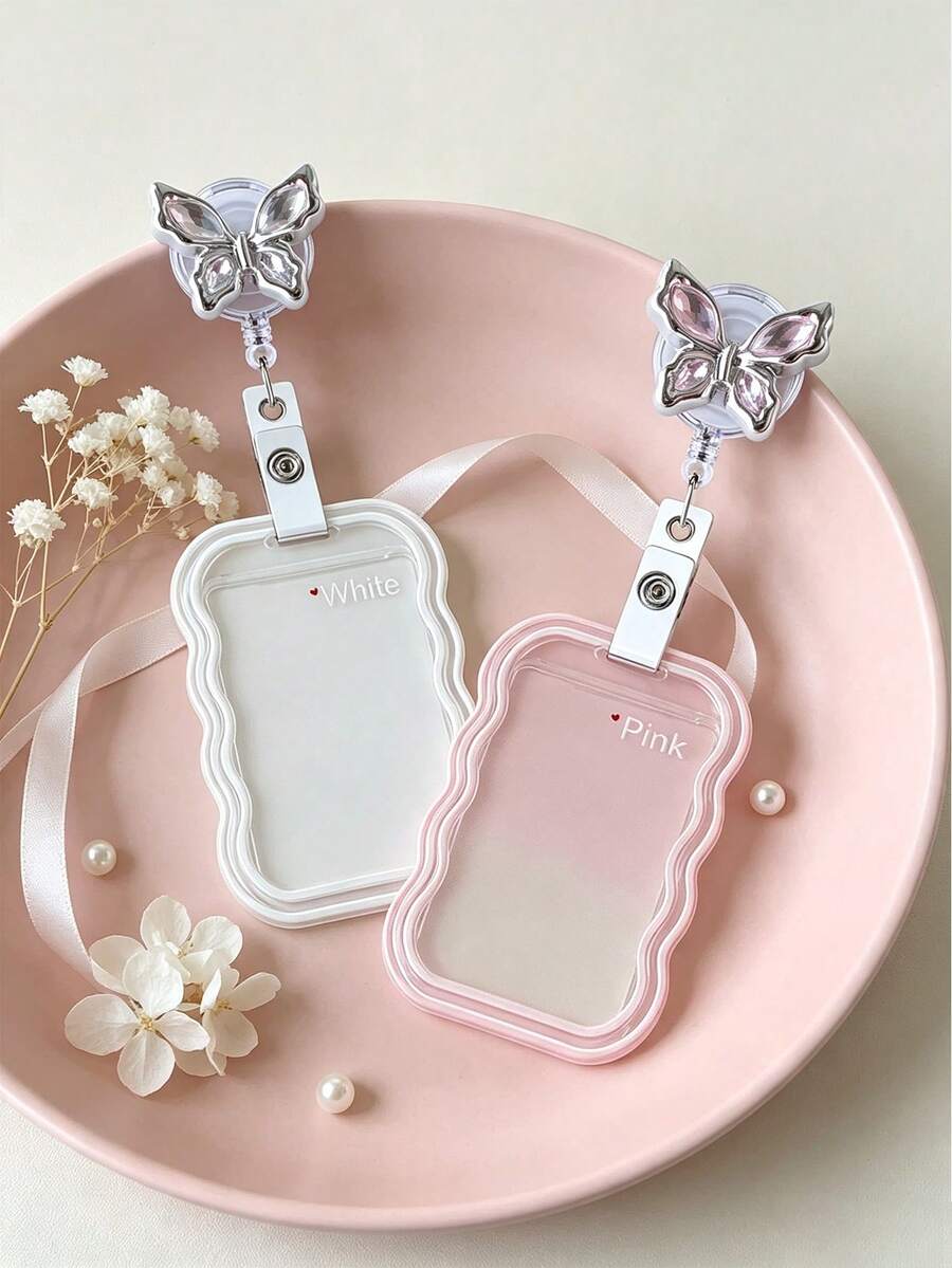 Cute Wavy Edge Card Holder With Rhinestone Butterfly Retractable Badge Clip, Portable ID/Student Card Holder, Cute Transparent Card Sleeve, Student Campus Bus Card And Small Card Protector, Celebrity Card, Bus Card, Meal Card, Subway Card, Photo, Residence Permit, Access Card, Valentine's Day Gift, Birthday Gift, Teacher's Day Gift, Back To School Gift - Multicolor - View 1