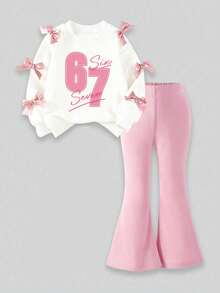 Young Girl Number Print Crew Neck Long Sleeve Top And Flared Pants Set - White - View 2