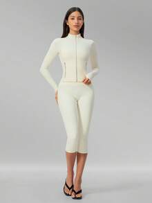 MFVIM Women's Versatile Yoga Set, Soft Skin-Friendly Fitted Jacket + Butt-Lifting Slimming Capris Leggings Riding Pants - Creamy White - View 8