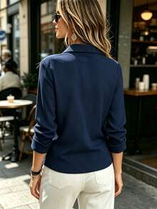 Women's Solid Color Long Sleeve Shirt, Lapel Collar Design, Professional And Capable Elegant, Comfortable Fabric. - Navy Blue - View 5