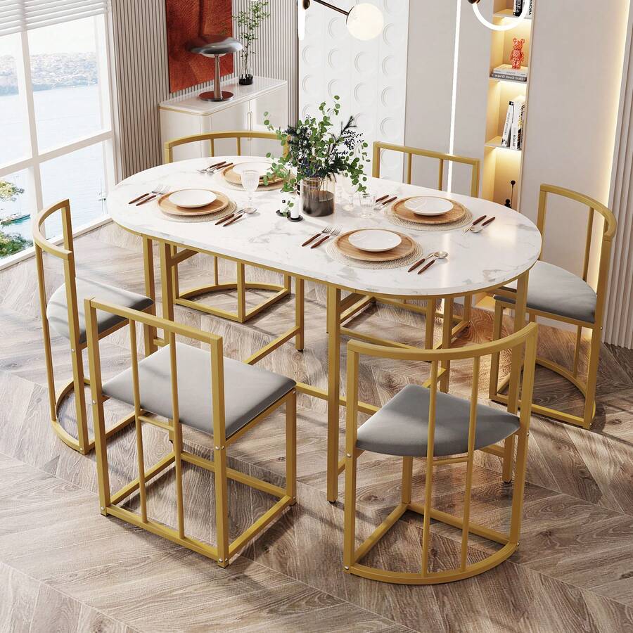 6-Chair Dining Table Set - Gold MDF - Gold - View 1