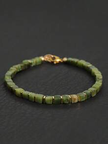 1pc Unisex Natural Canadian Stone Square Bead Bracelet With Gold Spacer Beads And Lobster Clasp, Minimalist Bohemian Style, Versatile Summer Accessory, Ideal Gift For Men - Canadian Stone - View 2