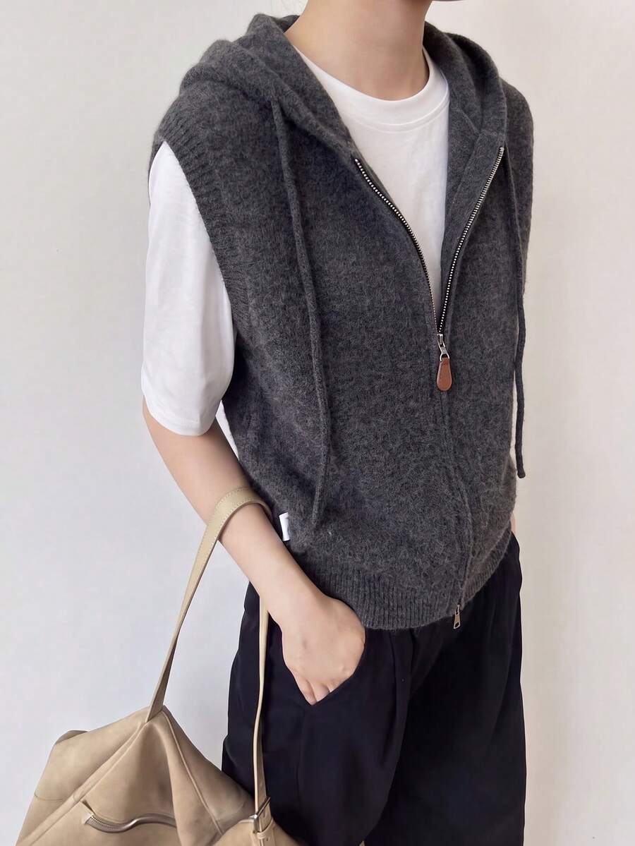 Women's New Autumn/Winter Knitted Hooded Zip-Up Sweater Vest - Dark Grey - View 1