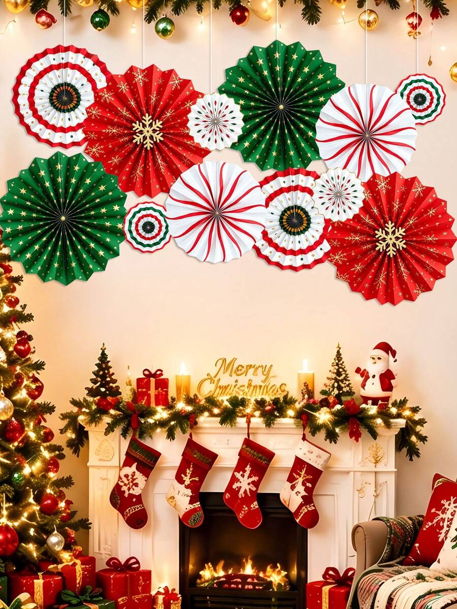 12 Stück Weihnachts-Hängedekoration aus Papierfächern, Pfefferminz-Hängefächer, Zuckerstangen-Partygirlande, Deko für fröhliche Weihnachten, Feiertage, Klassenzimmer, Decken, Wände und Geburtstagsfeier-Zubehör - Übersicht 1