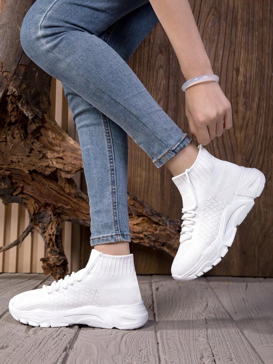 Women's Solid High‑Top Sock Sneakers, Knit Breathable Non‑Slip Chunky Sole Casual Shoes - White - View 1