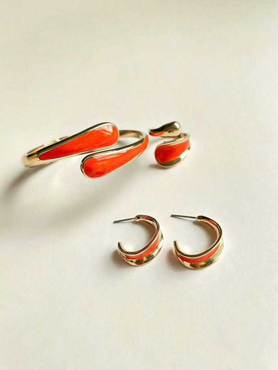 4pcs Fashion Exquisite Elegant Unique Minimalist Handmade Base Oil Geometric Water Drop Earrings Open Ring Spring Bracelet Multi-Functional Daily Decorative Accessories - Orange - View 1