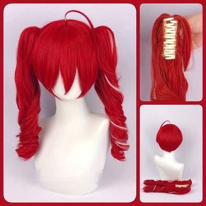 Wig Cosplay Anime Merah Panjang Sedang, Dua Kuncir dengan Jepit, Bahan Rambut Tahan Panas, Sekitar 22 Inci, Cocok untuk Konvensi dan Pemakaian Sehari-hari (Termasuk Jaring Rambut)