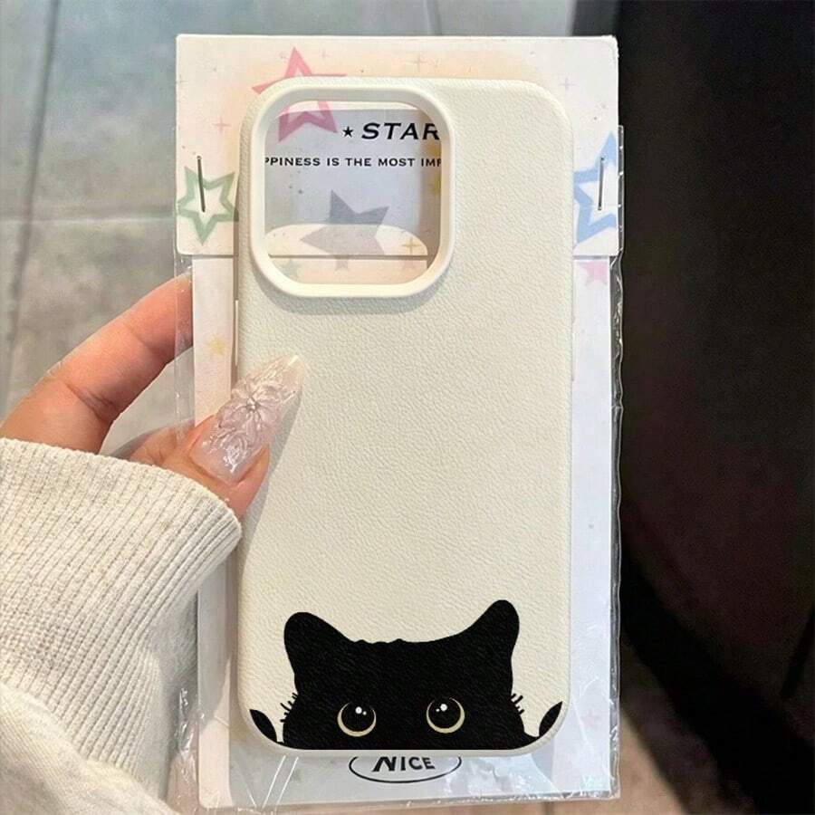 1PC Black Cat Design Bottom Peeking Brand Litchi Texture TPU Phone Case, Compatible With Apple 17 16 15 14 13 12 11 Plus Pro Max Series, Personalized Ins Style Protective Cover, Fashion